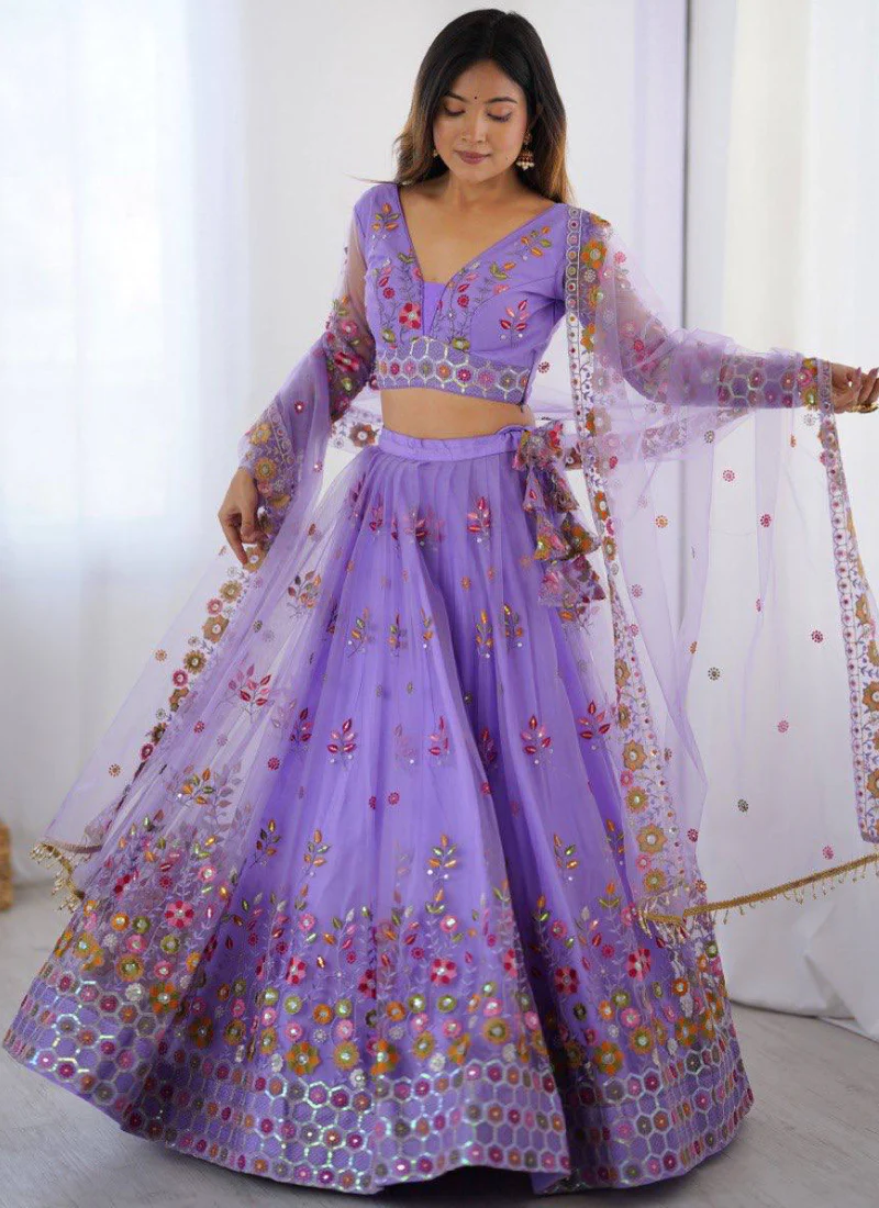 Attractive Net Floral Embroidery Lavender Lehenga Choli With Dupatta