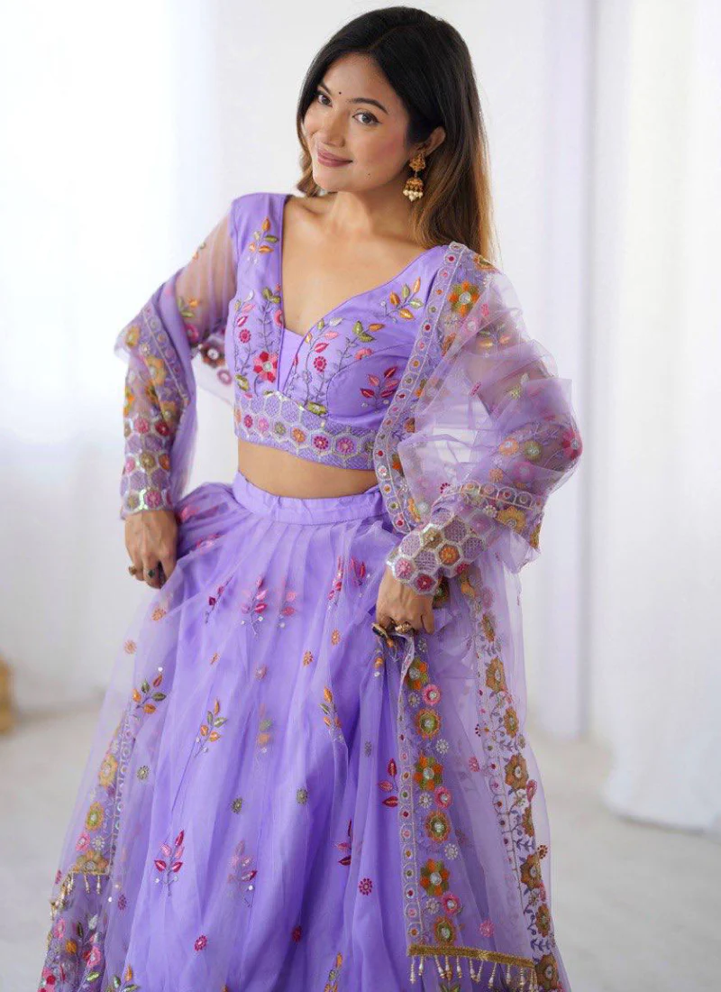 Attractive Net Floral Embroidery Lavender Lehenga Choli With Dupatta - Image 2