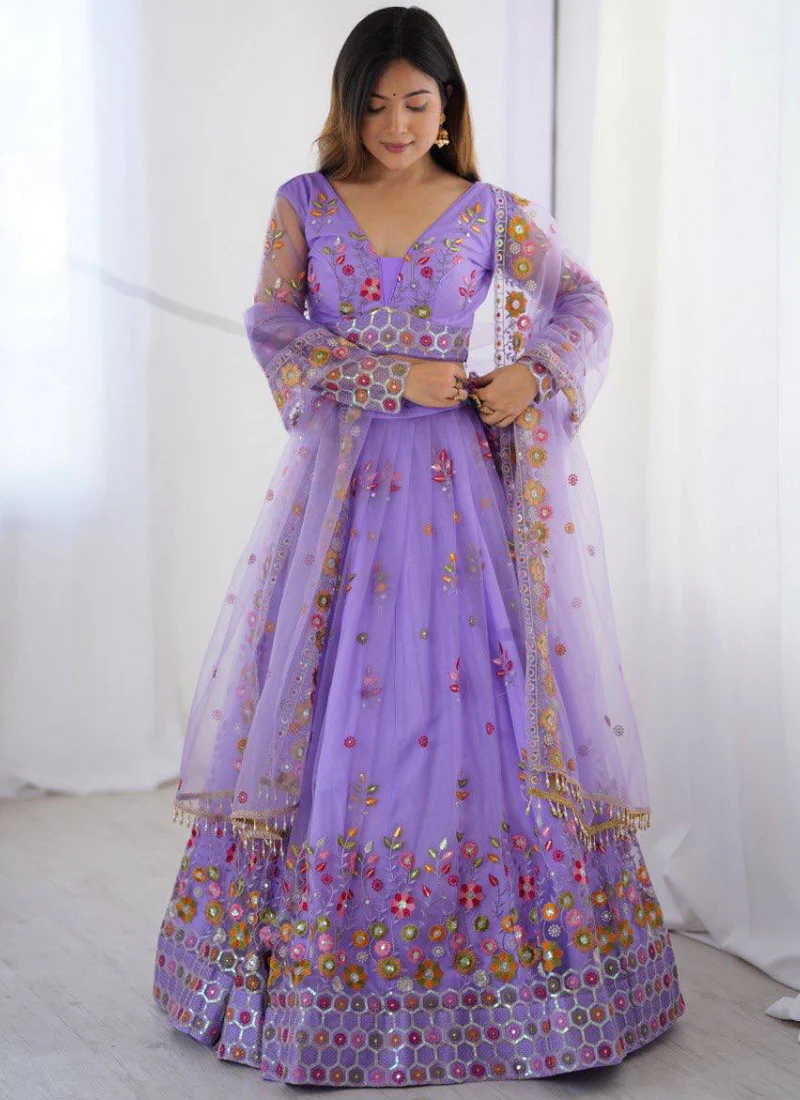 Attractive Net Floral Embroidery Lavender Lehenga Choli With Dupatta - Image 3