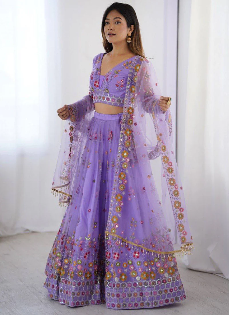 Attractive Net Floral Embroidery Lavender Lehenga Choli With Dupatta - Image 4