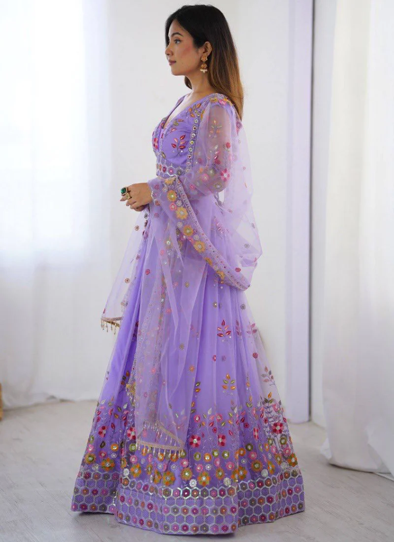 Attractive Net Floral Embroidery Lavender Lehenga Choli With Dupatta - Image 5
