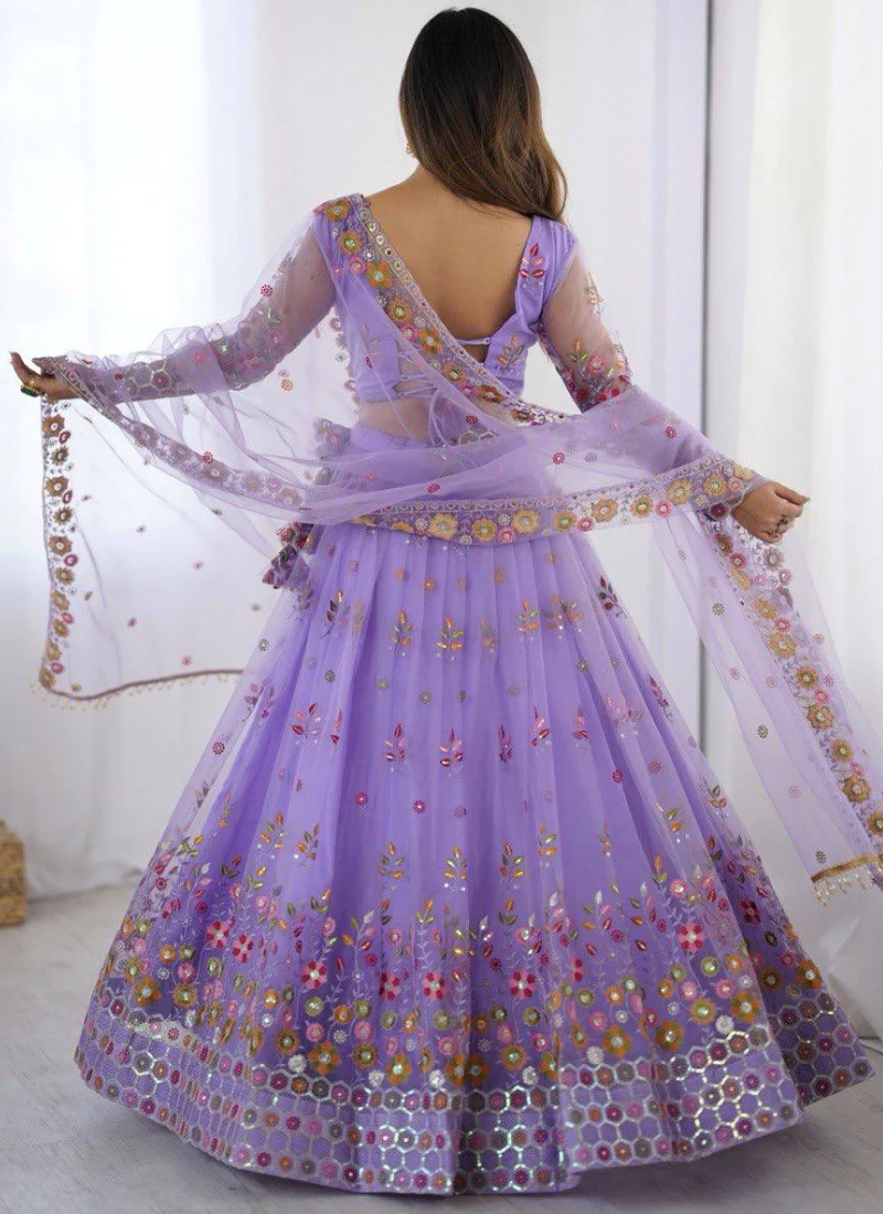 Attractive Net Floral Embroidery Lavender Lehenga Choli With Dupatta - Image 8