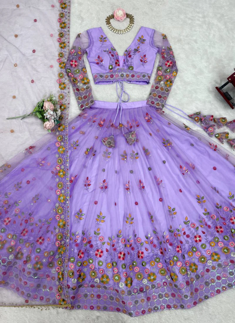 Attractive Net Floral Embroidery Lavender Lehenga Choli With Dupatta - Image 9