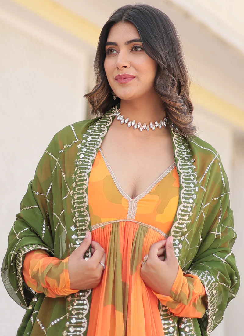 Attractive Orange Russian Silk Digital Floral Printed Anarkali Gown - Image 12
