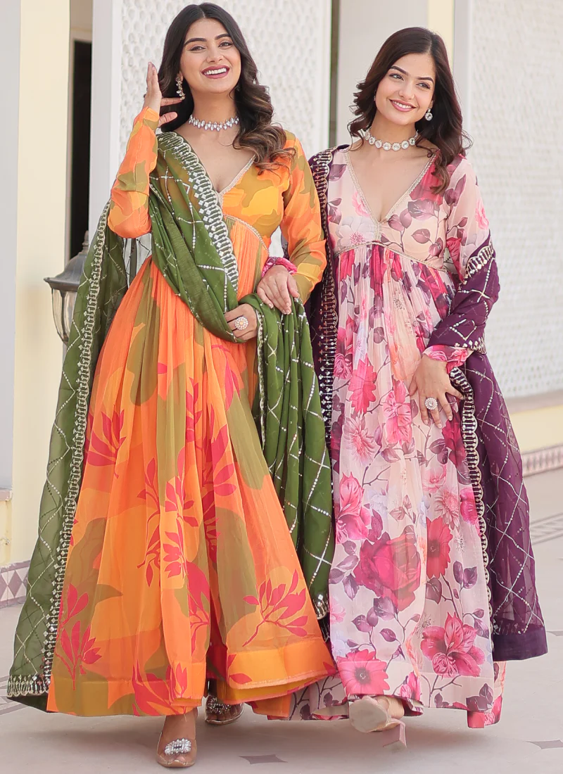 Attractive Orange Russian Silk Digital Floral Printed Anarkali Gown - Image 14