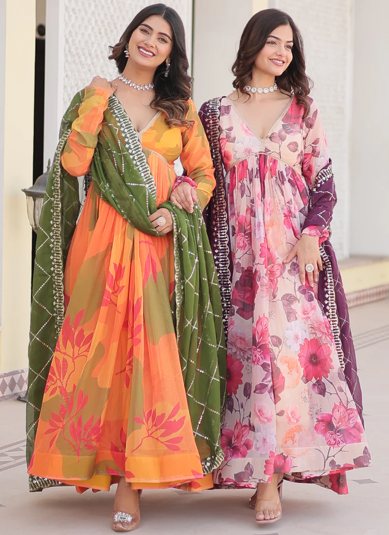 Attractive Orange Russian Silk Digital Floral Printed Anarkali Gown - Image 16