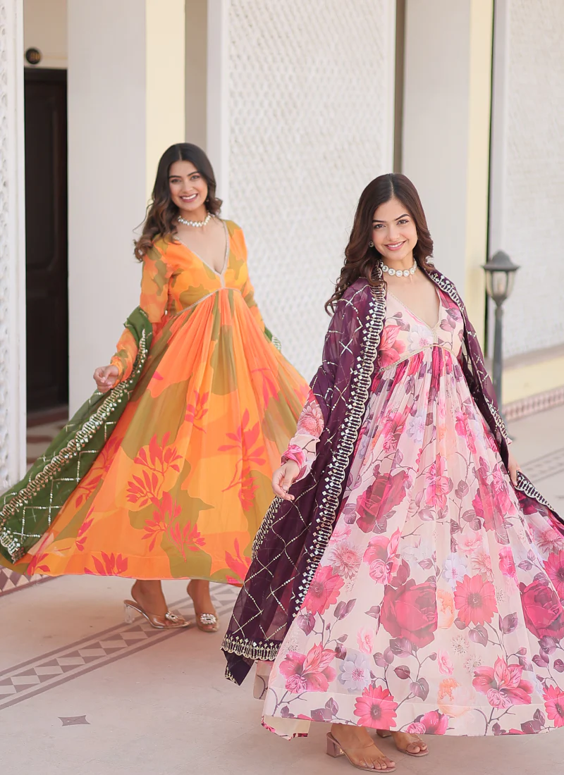 Attractive Orange Russian Silk Digital Floral Printed Anarkali Gown - Image 17