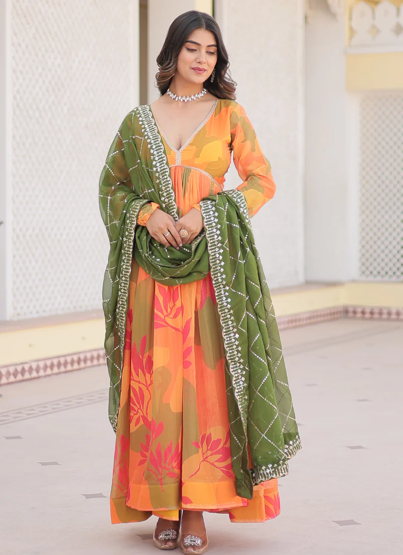 Attractive Orange Russian Silk Digital Floral Printed Anarkali Gown - Image 3