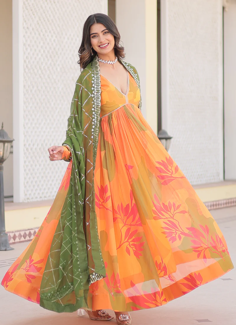 Attractive Orange Russian Silk Digital Floral Printed Anarkali Gown - Image 5