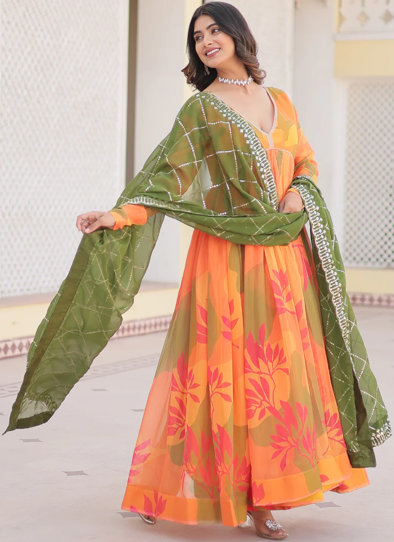 Attractive Orange Russian Silk Digital Floral Printed Anarkali Gown - Image 7