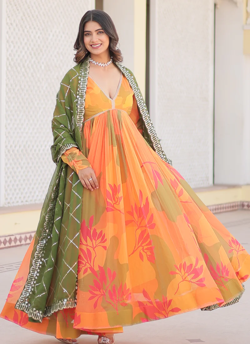Attractive Orange Russian Silk Digital Floral Printed Anarkali Gown - Image 8