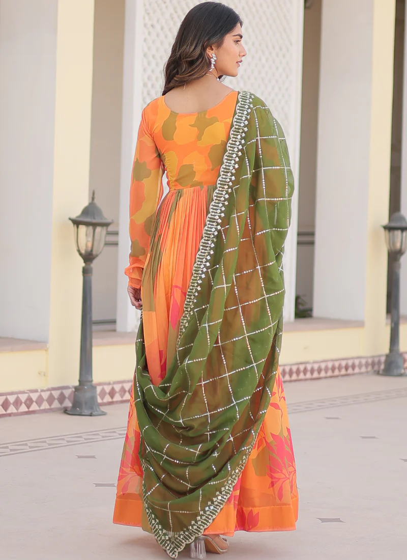 Attractive Orange Russian Silk Digital Floral Printed Anarkali Gown - Image 9