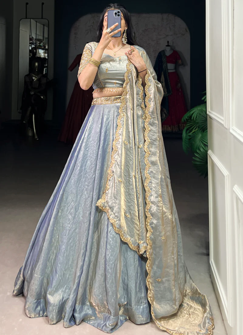 Attractive Organza Zari Embroidered Sky Blue Lehenga Choli For Wedding - Image 3