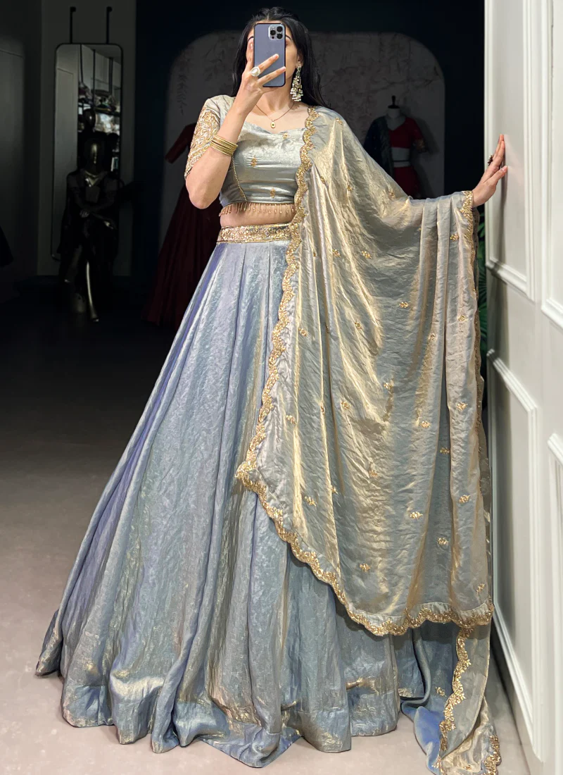Attractive Organza Zari Embroidered Sky Blue Lehenga Choli For Wedding - Image 4