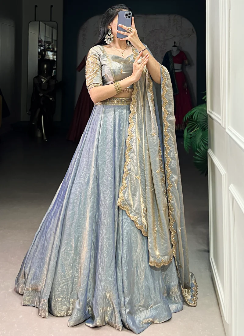 Attractive Organza Zari Embroidered Sky Blue Lehenga Choli For Wedding - Image 5