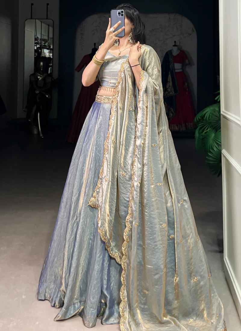 Attractive Organza Zari Embroidered Sky Blue Lehenga Choli For Wedding - Image 6