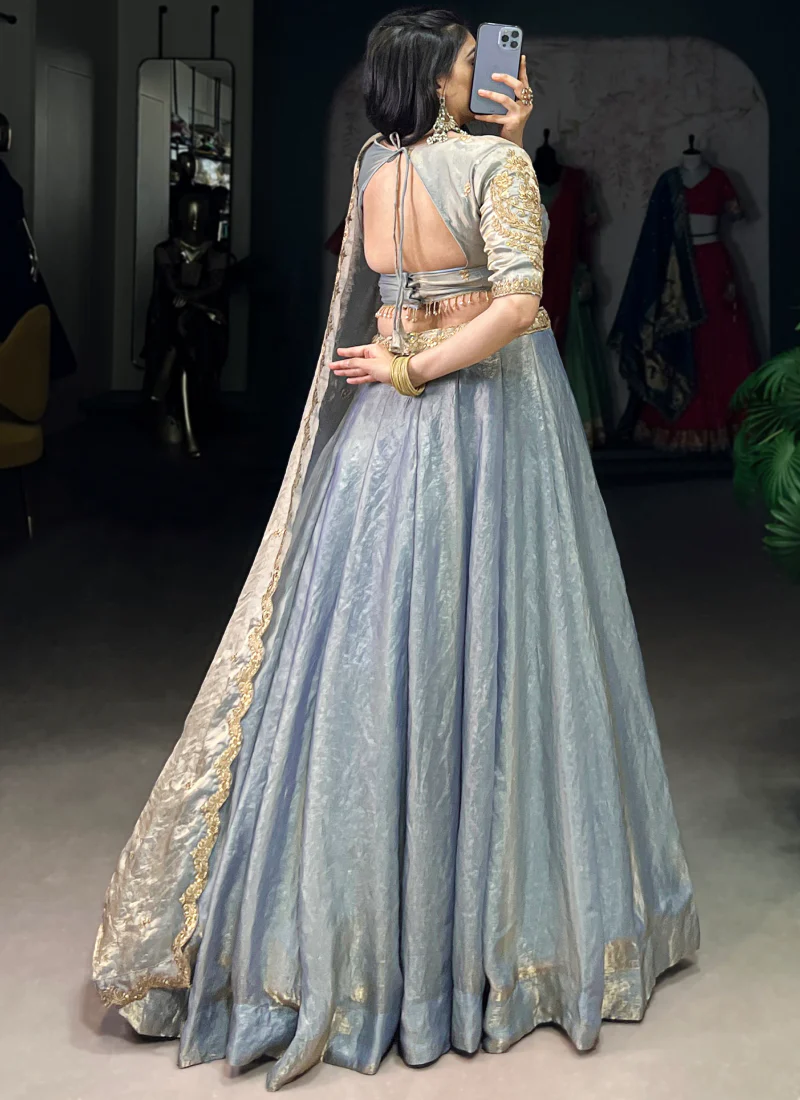 Attractive Organza Zari Embroidered Sky Blue Lehenga Choli For Wedding - Image 7