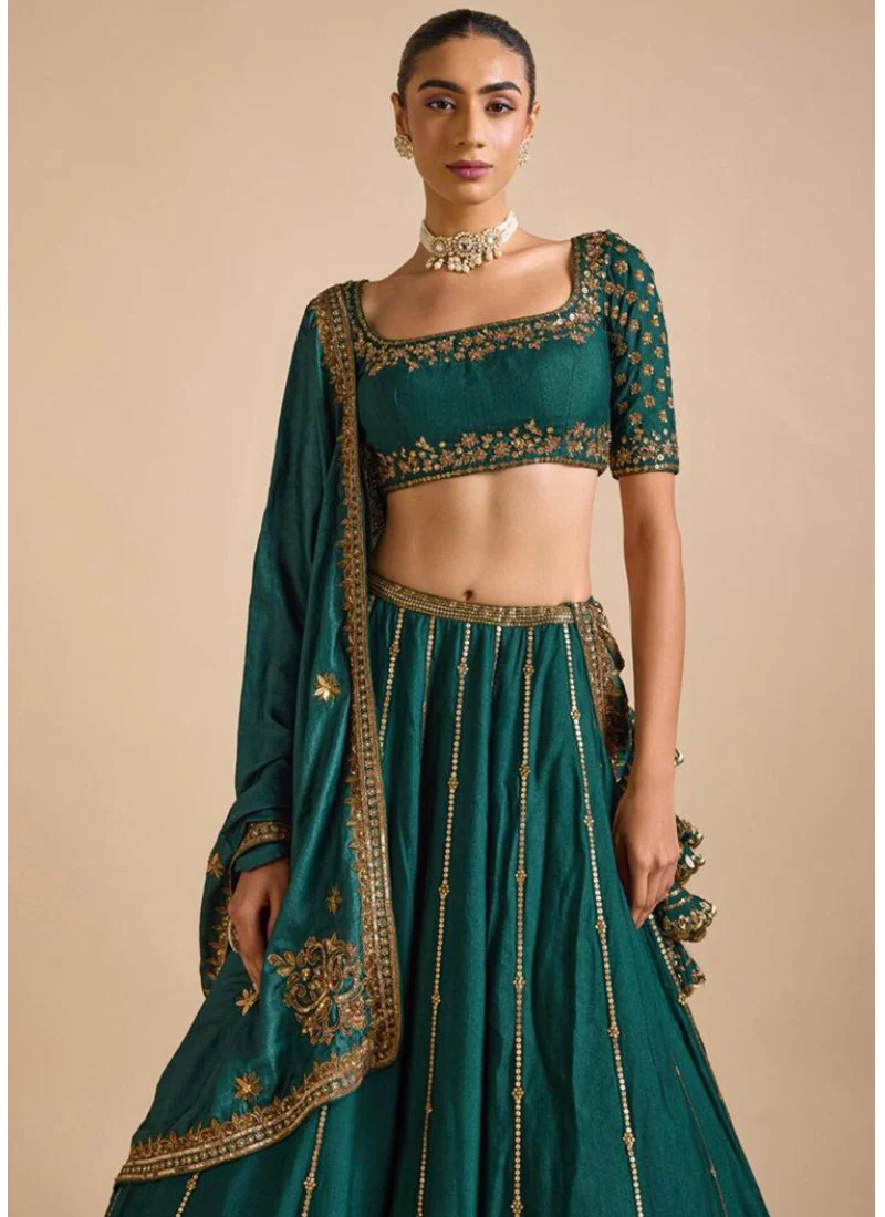 Attractive Sequence Embroidery Work Bottle Green Silk Lehenga Choli - Image 3