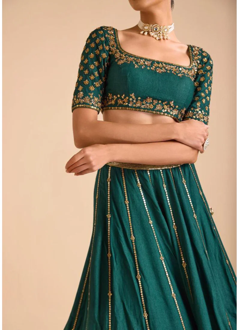 Attractive Sequence Embroidery Work Bottle Green Silk Lehenga Choli - Image 4