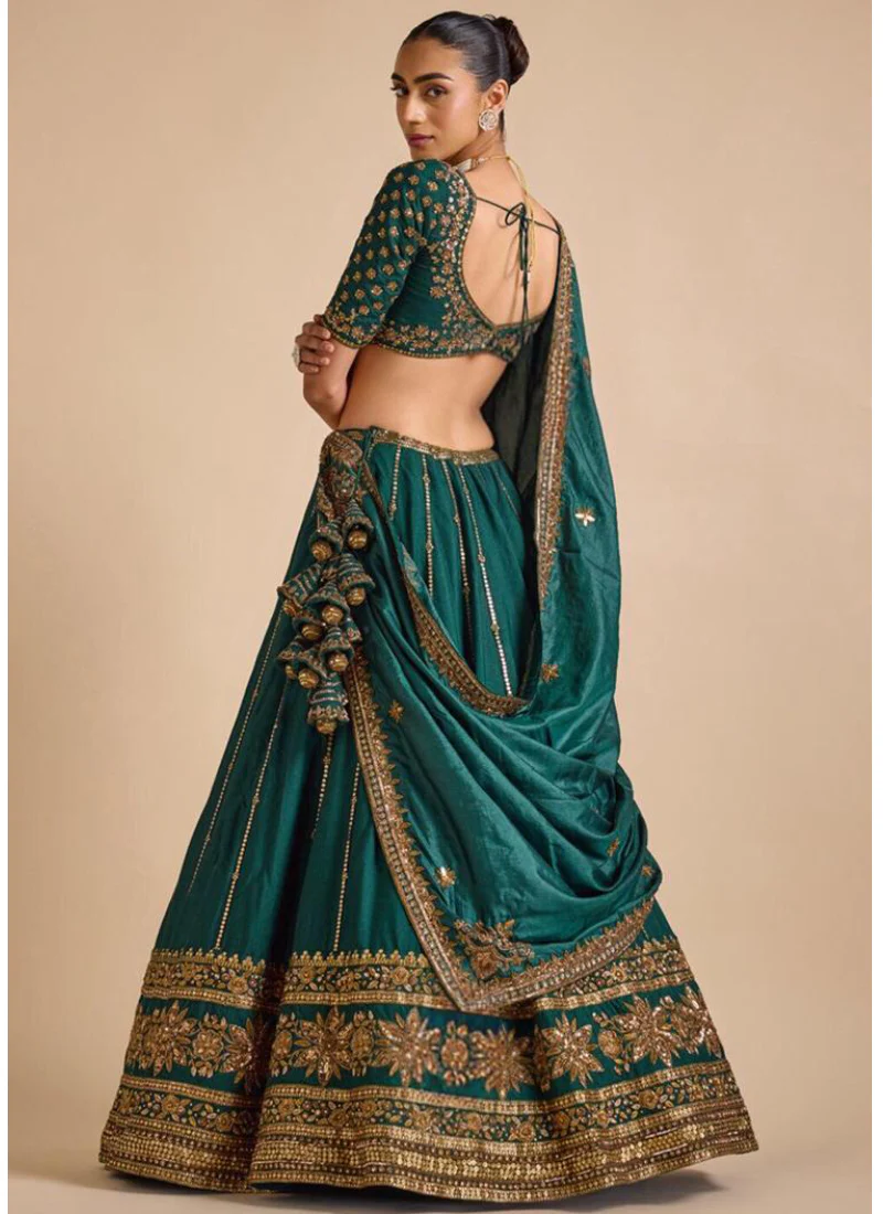 Attractive Sequence Embroidery Work Bottle Green Silk Lehenga Choli - Image 6