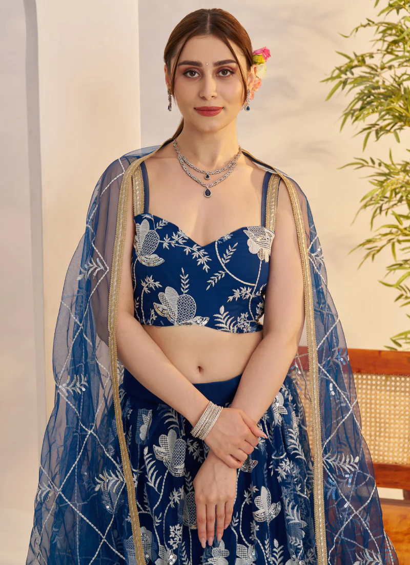 Attractive Thread Embroidered Navy Blue Net Lehenga Choli For Party - Image 2