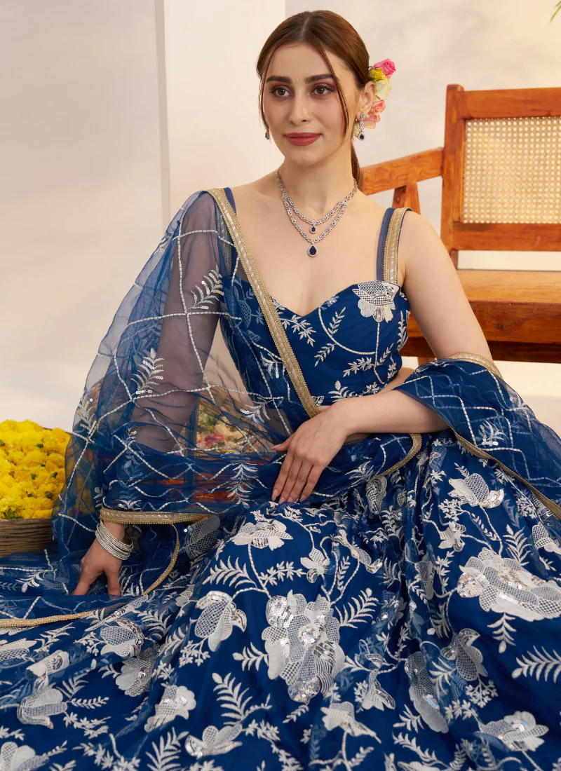 Attractive Thread Embroidered Navy Blue Net Lehenga Choli For Party - Image 3