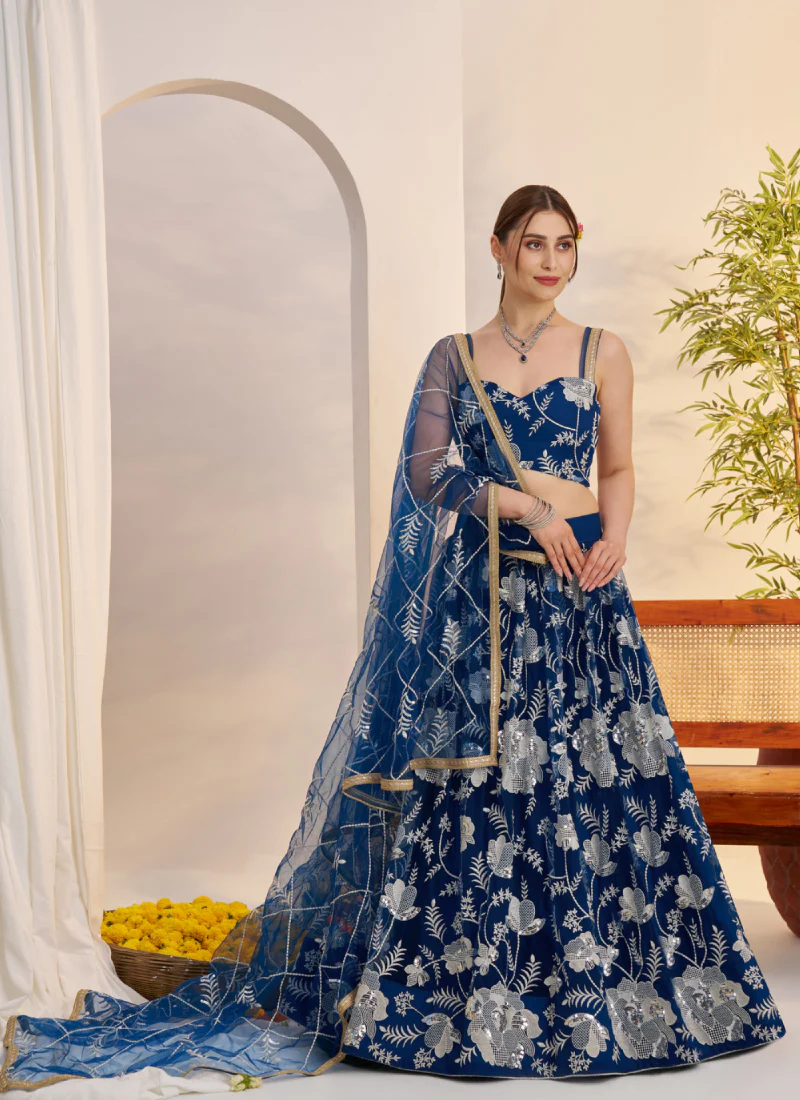 Attractive Thread Embroidered Navy Blue Net Lehenga Choli For Party - Image 4