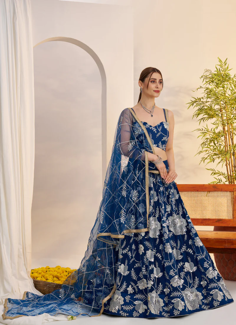 Attractive Thread Embroidered Navy Blue Net Lehenga Choli For Party - Image 5