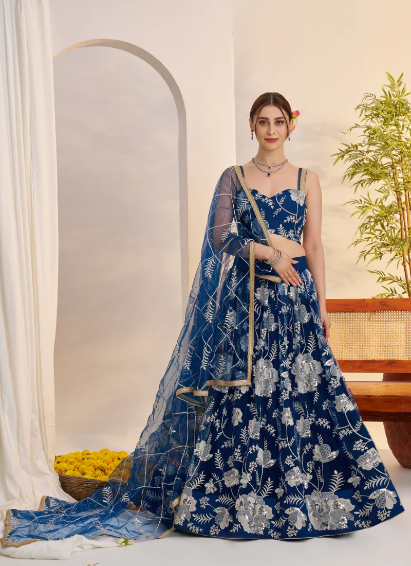 Attractive Thread Embroidered Navy Blue Net Lehenga Choli For Party - Image 6