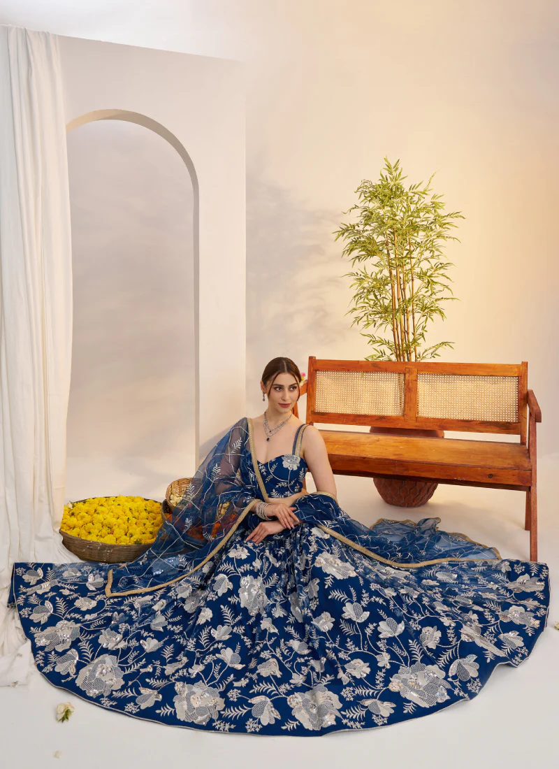 Attractive Thread Embroidered Navy Blue Net Lehenga Choli For Party - Image 7