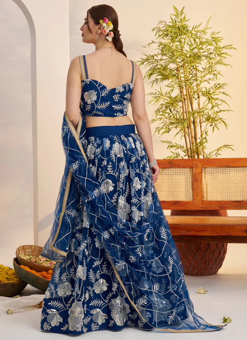 Attractive Thread Embroidered Navy Blue Net Lehenga Choli For Party - Image 8