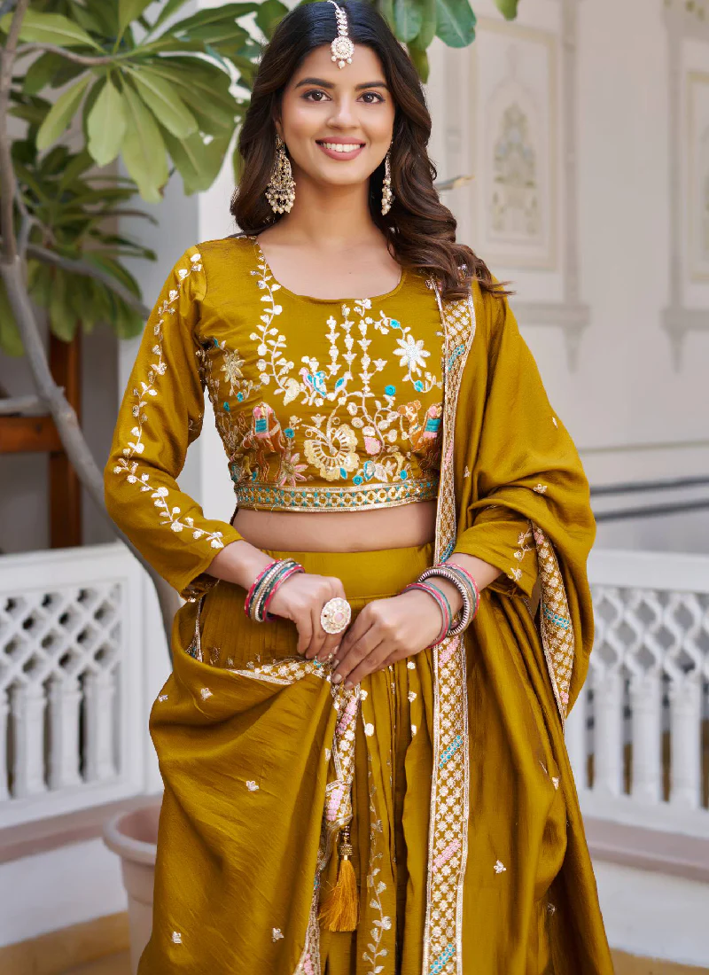 Awesome Heavy Thread Embroidered Vichitra Silk Mustard Yellow Lehenga - Image 2