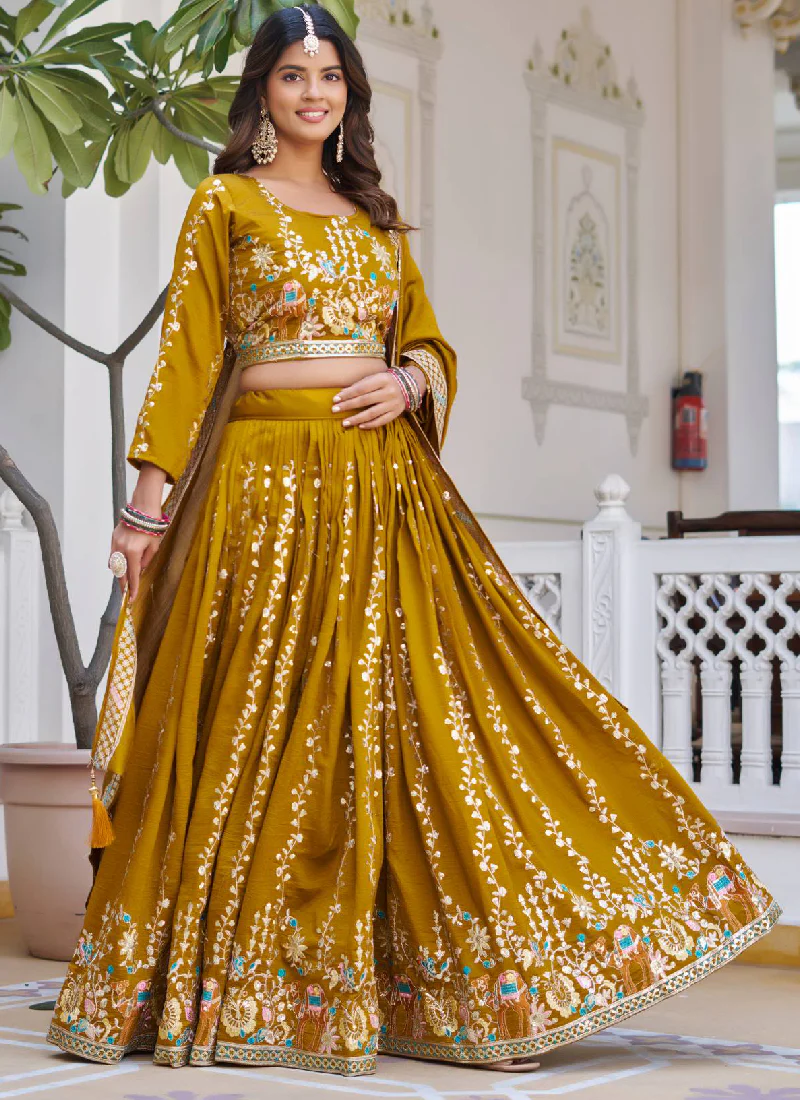 Awesome Heavy Thread Embroidered Vichitra Silk Mustard Yellow Lehenga - Image 3