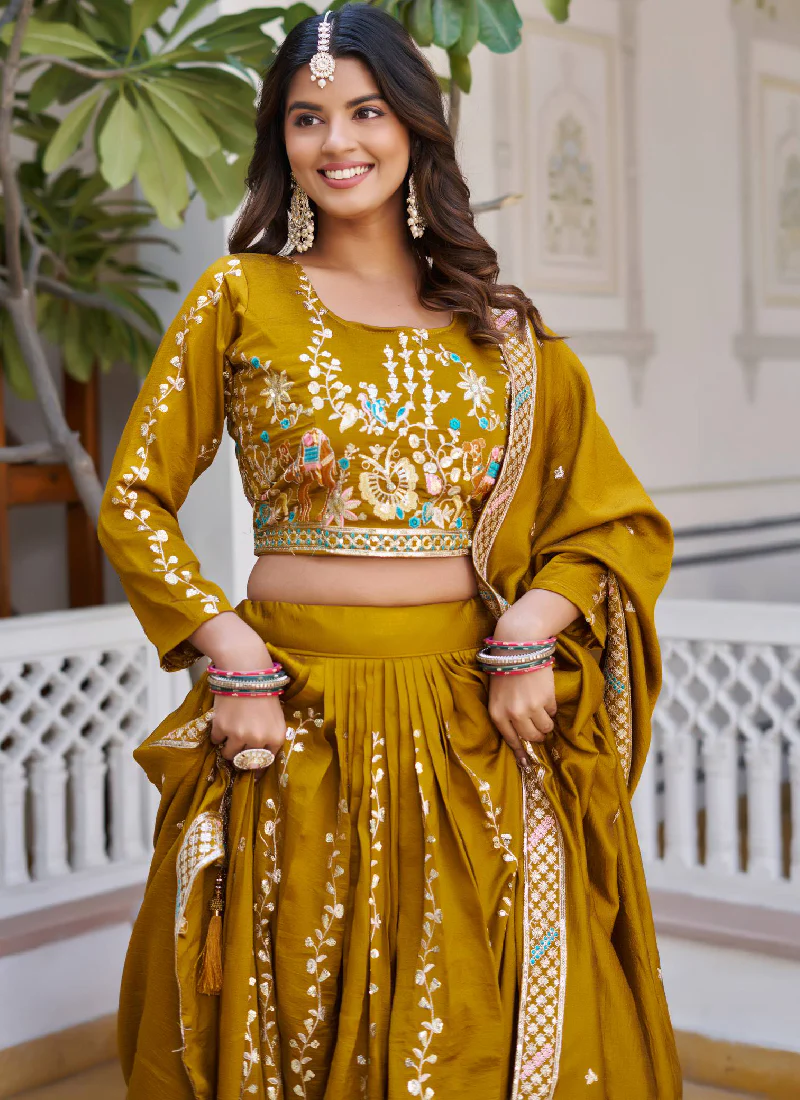 Awesome Heavy Thread Embroidered Vichitra Silk Mustard Yellow Lehenga - Image 4