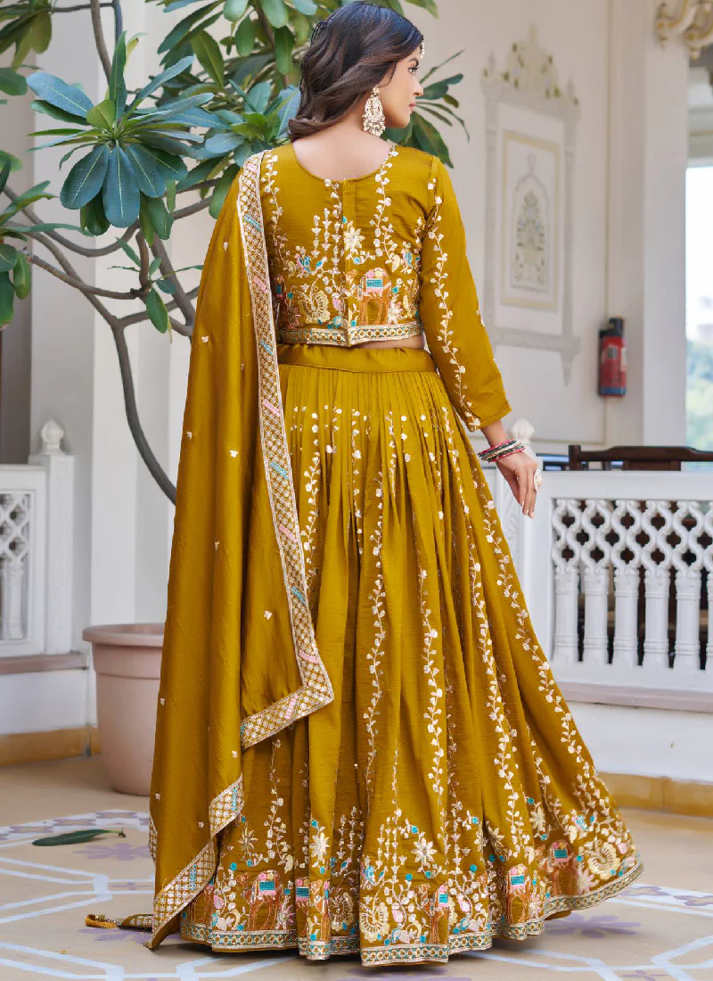 Awesome Heavy Thread Embroidered Vichitra Silk Mustard Yellow Lehenga - Image 5