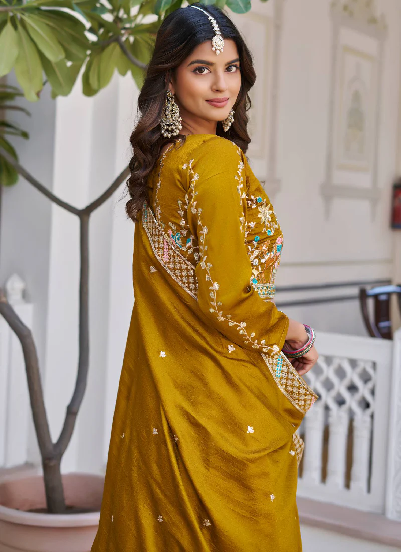 Awesome Heavy Thread Embroidered Vichitra Silk Mustard Yellow Lehenga - Image 6