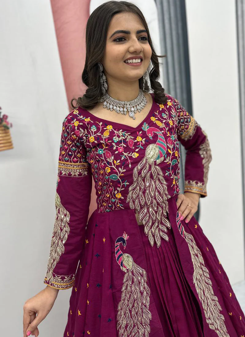 Awesome Heavy Zari Embroidered Vichitra Silk Purple Crop Top Lehenga - Image 2
