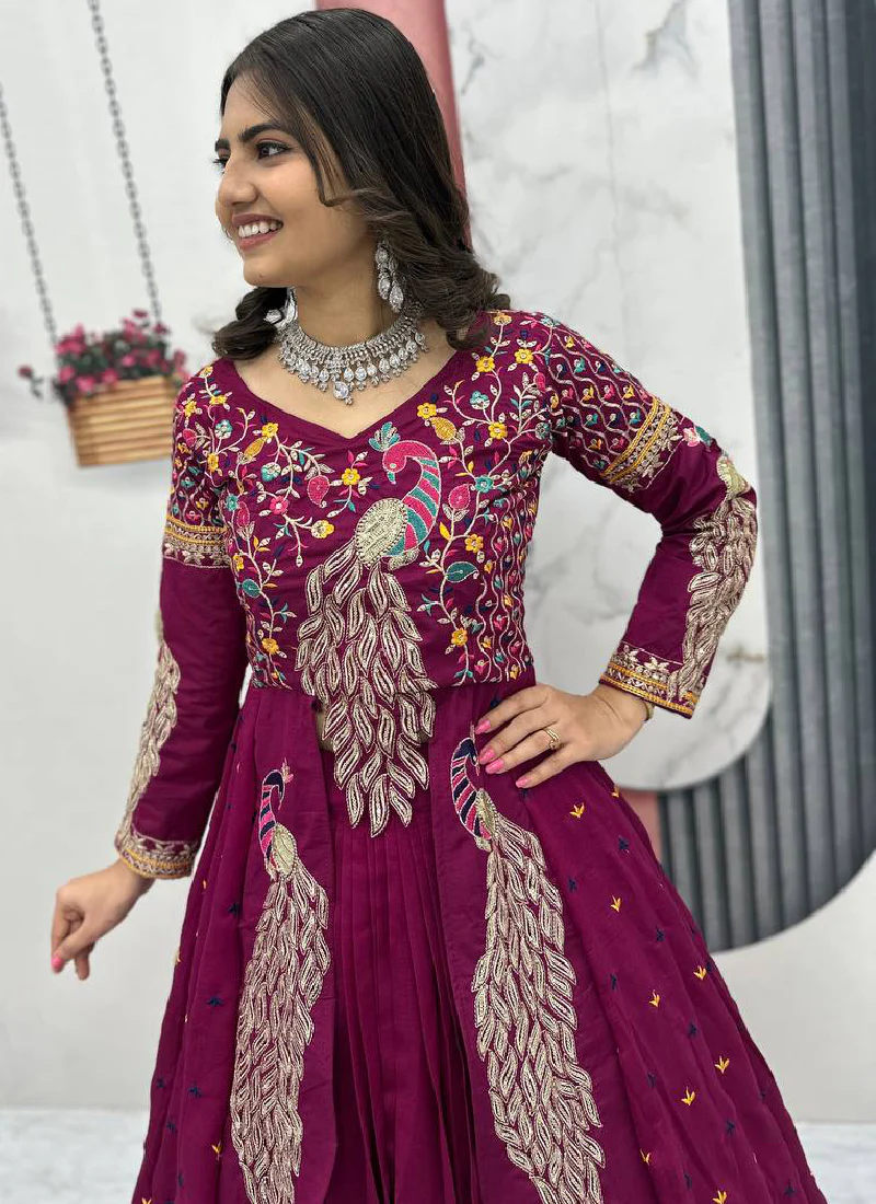 Awesome Heavy Zari Embroidered Vichitra Silk Purple Crop Top Lehenga - Image 3