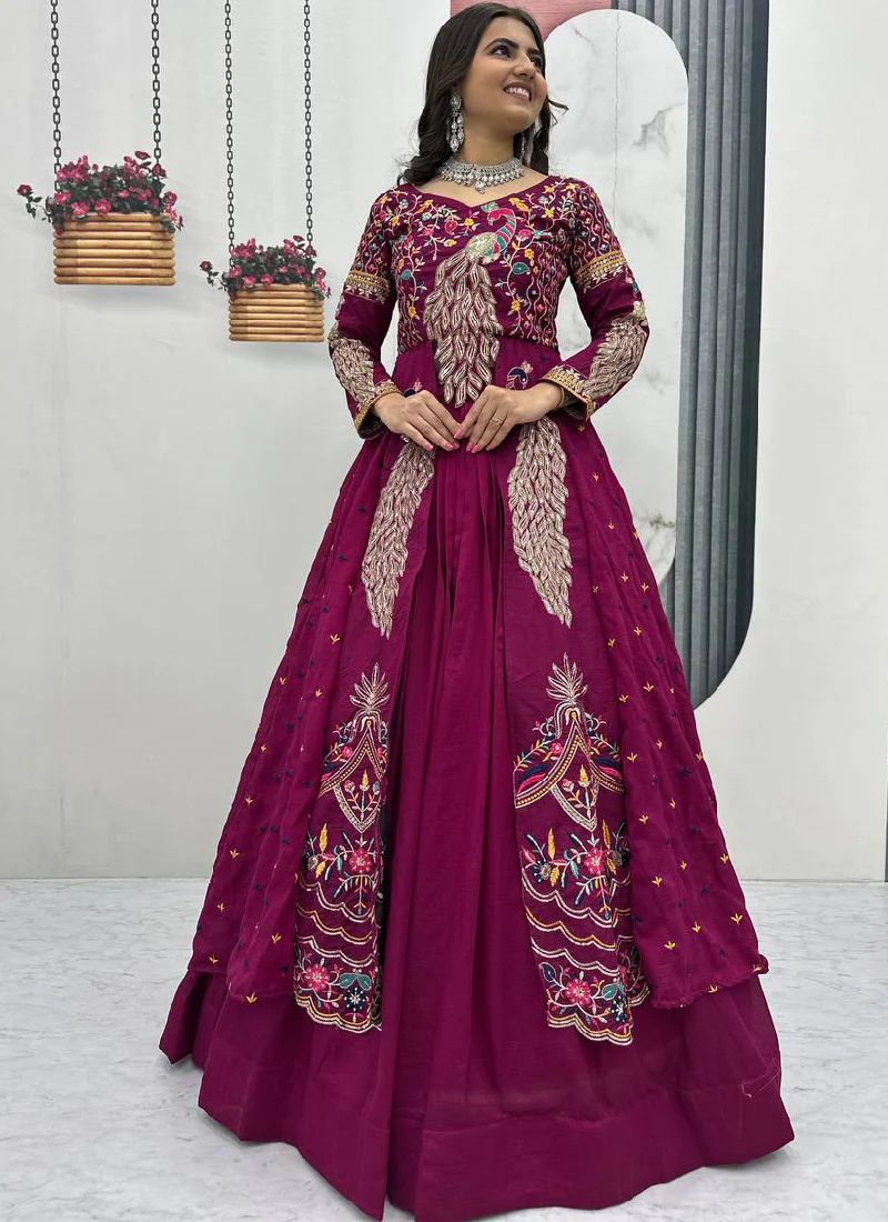 Awesome Heavy Zari Embroidered Vichitra Silk Purple Crop Top Lehenga - Image 4