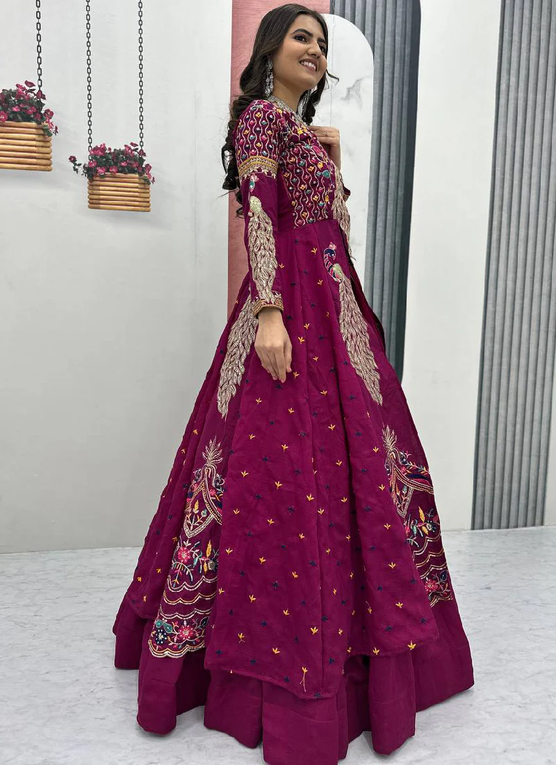 Awesome Heavy Zari Embroidered Vichitra Silk Purple Crop Top Lehenga - Image 5