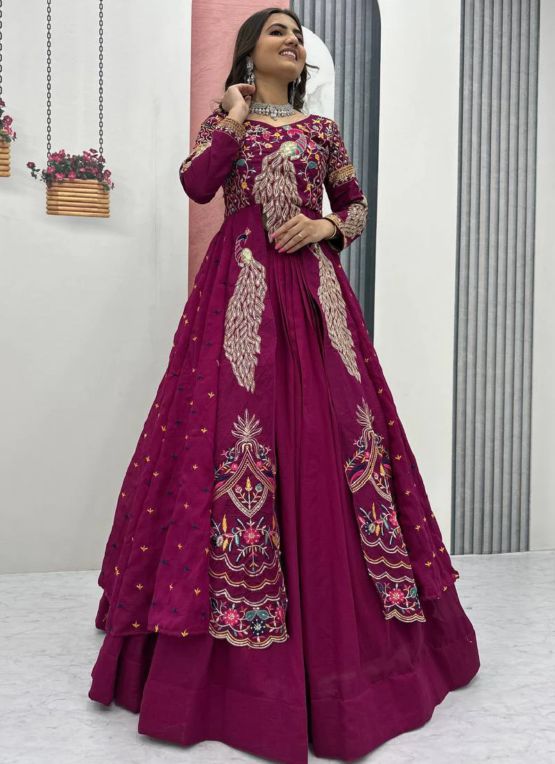 Awesome Heavy Zari Embroidered Vichitra Silk Purple Crop Top Lehenga - Image 6