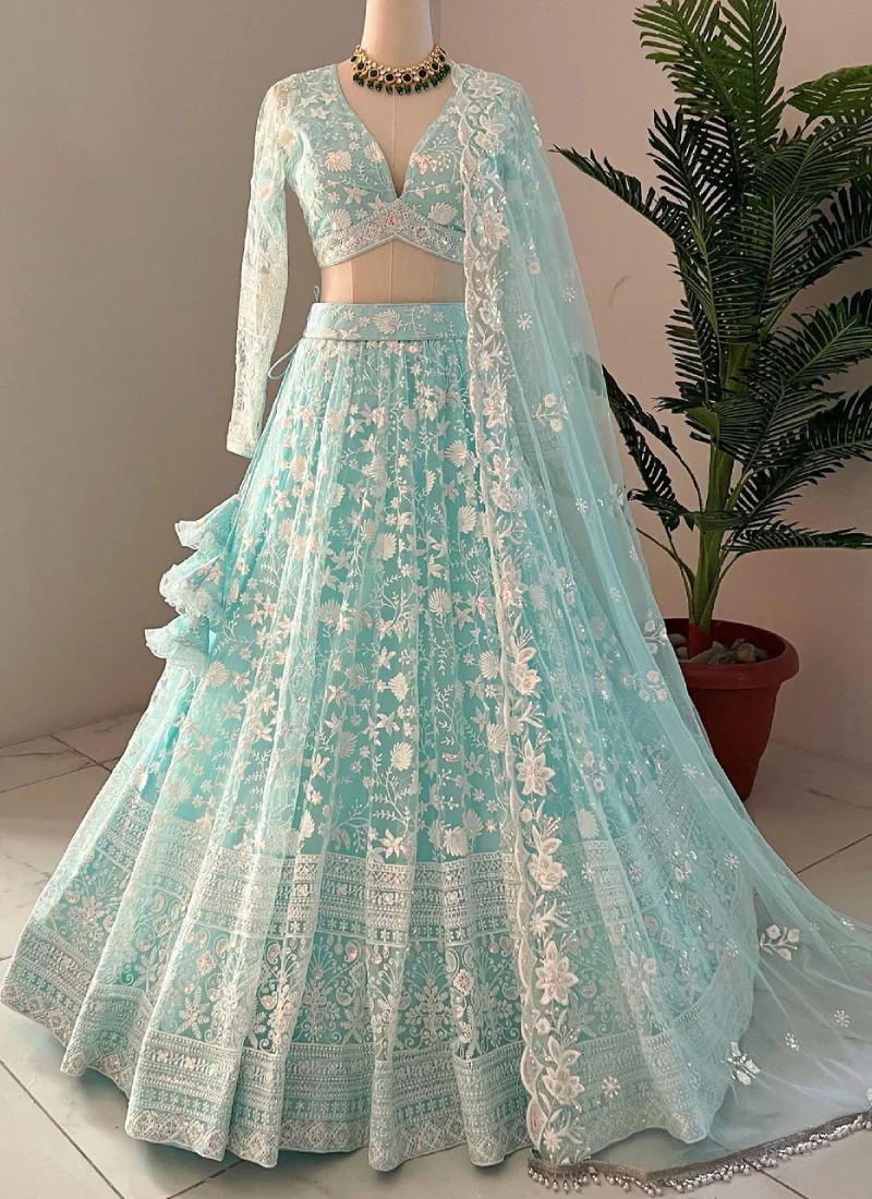 Awesome Thread Embroidered Sky Blue Net Lehenga Choli For Party - Image 2