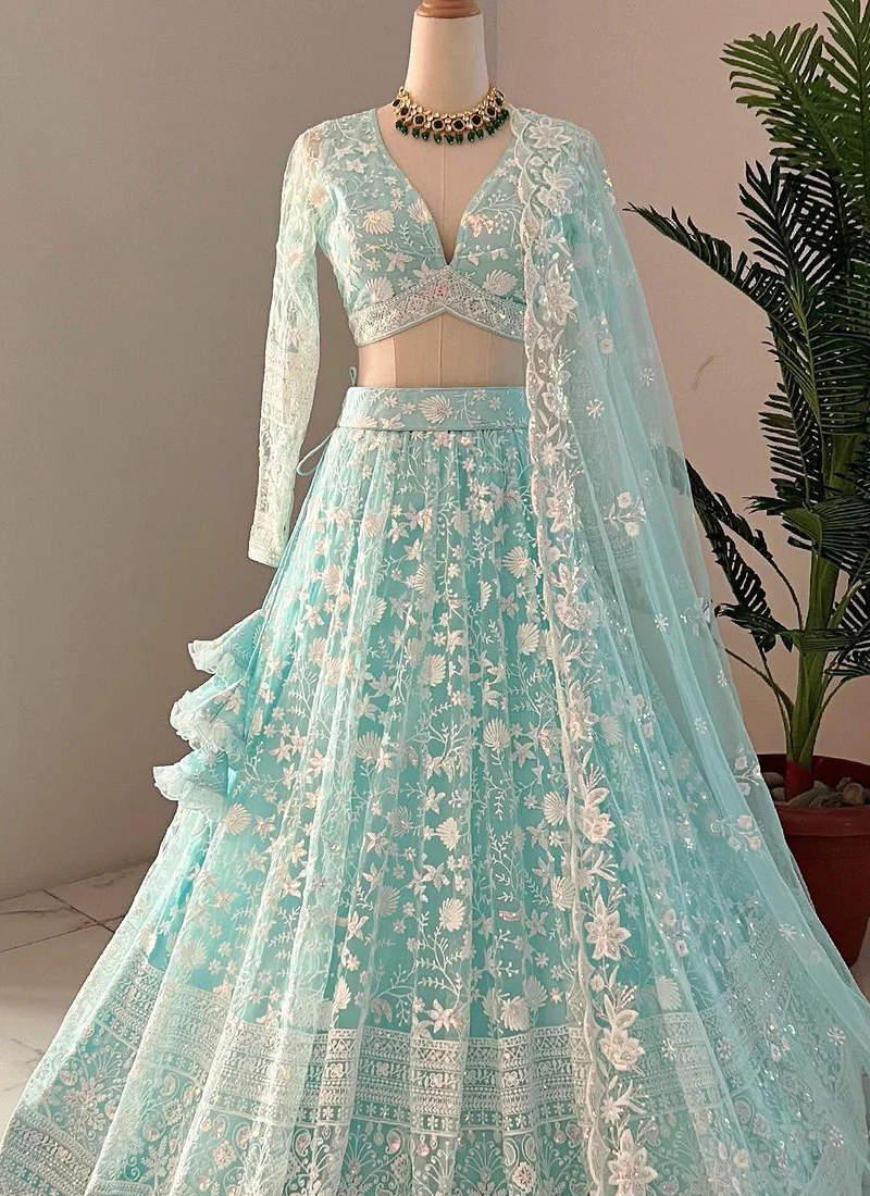 Awesome Thread Embroidered Sky Blue Net Lehenga Choli For Party - Image 3