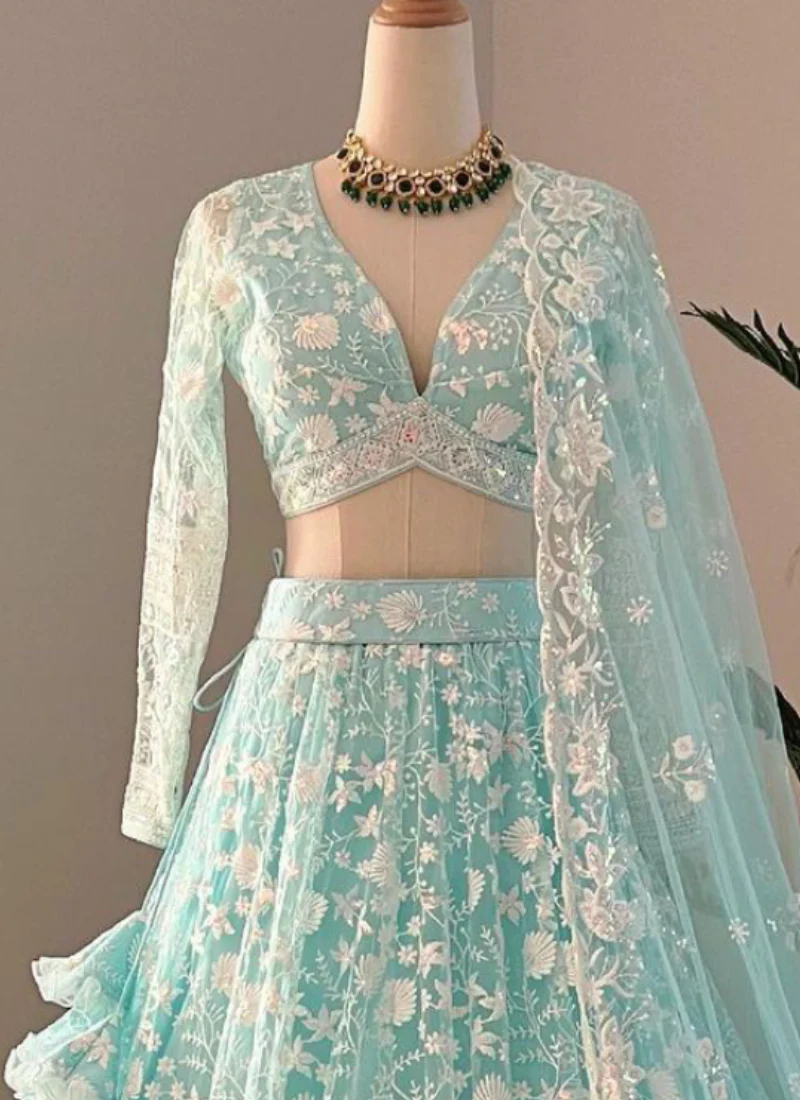 Awesome Thread Embroidered Sky Blue Net Lehenga Choli For Party - Image 4