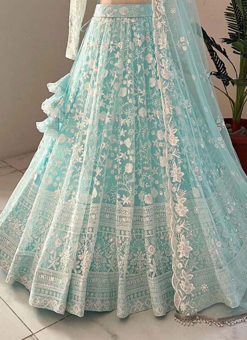 Awesome Thread Embroidered Sky Blue Net Lehenga Choli For Party - Image 5