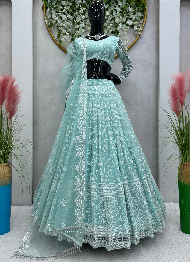 Awesome Thread Embroidered Sky Blue Net Lehenga Choli For Party - Image 6