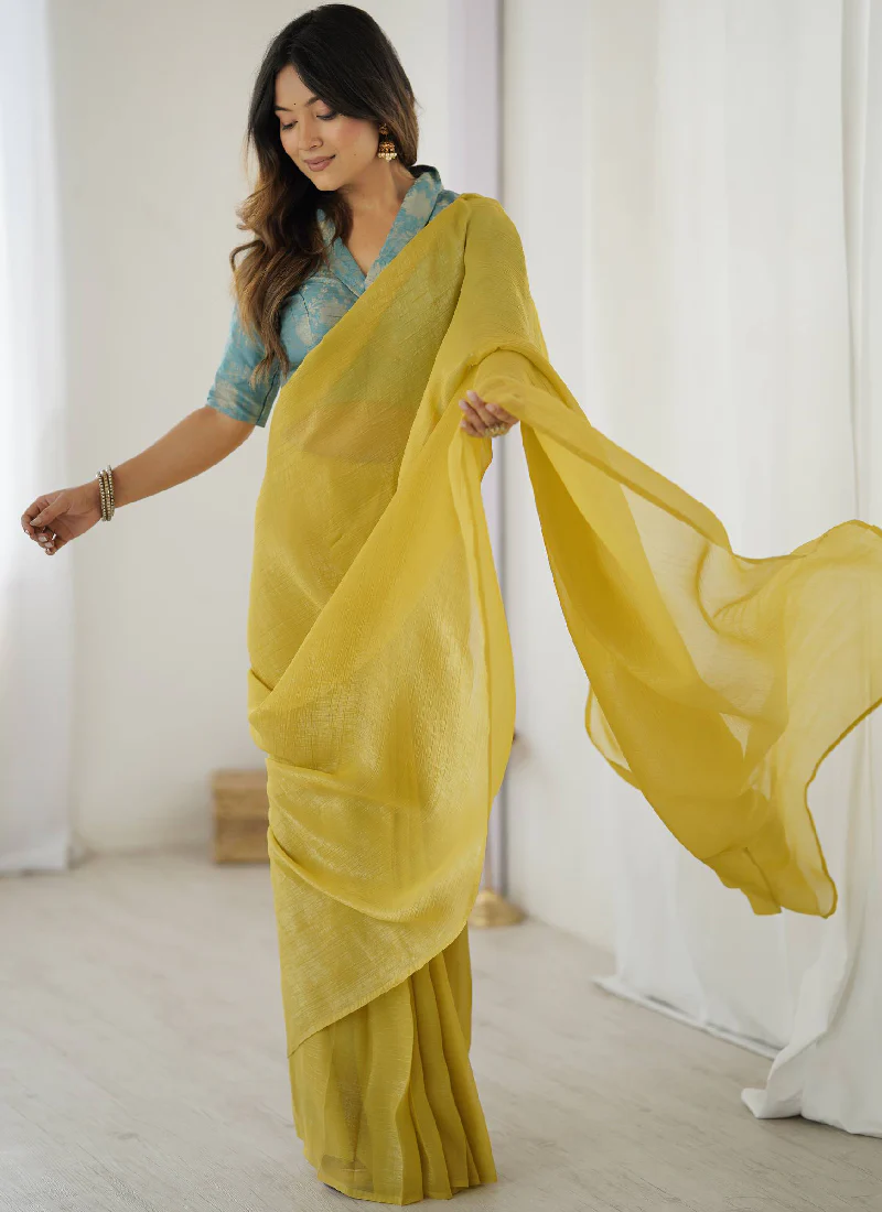 Banarasi Silk Blouse With Ready To Wear Silk Haldi Festive Yellow Sari - Image 3