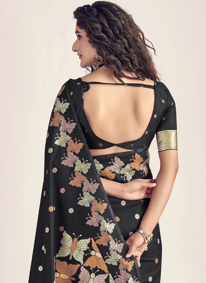 Banarasi Silk Zari Weaving Black Reception Wear Saree With Blouse - Image 3