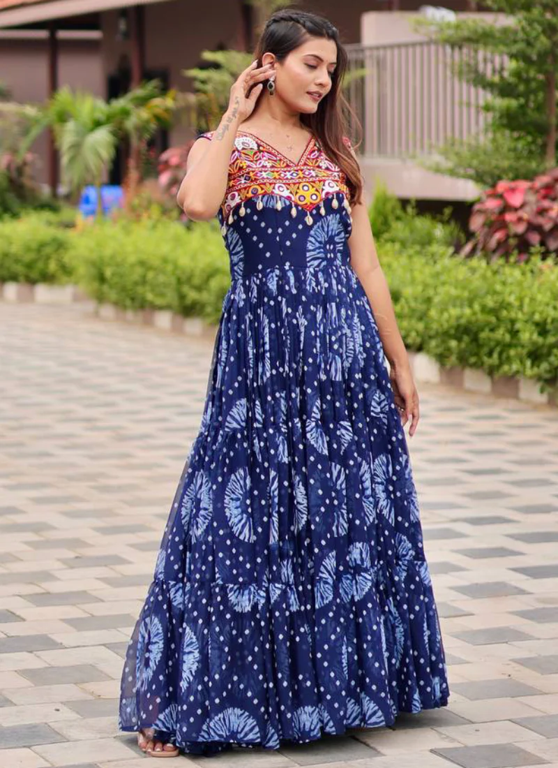Bandhani Print Georgette Blue Ruffle Style Gamthi Work Gown For Garba - Image 6