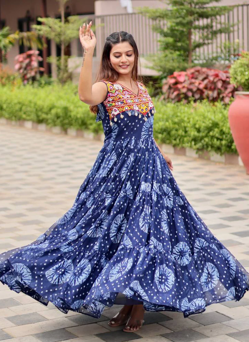 Bandhani Print Georgette Blue Ruffle Style Gamthi Work Gown For Garba - Image 8